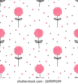 Cute hand drawn floral seamless pattern with watercolor splashes