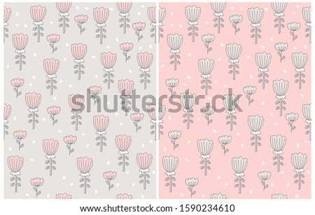 Cute Hand Drawn Floral Seamless Vector Patterns. Tiny Flowers Isolated on a Pink and Light Gray Backgrounds. Infantile Style Abstract Garden Design. Pastel Color Floral Print for Fabric, Textile.
