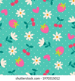 Cute hand drawn floral, strawberry and cherry with dot pattern background.