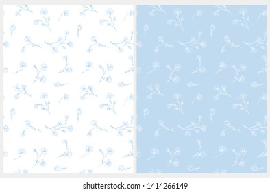 Cute Hand Drawn Floral Vector Patterns. Light Blue and White Floral Repeatable Design for Fabric, Wrapping Paper, Cover, Printing. Pastel Blue and White Background. 