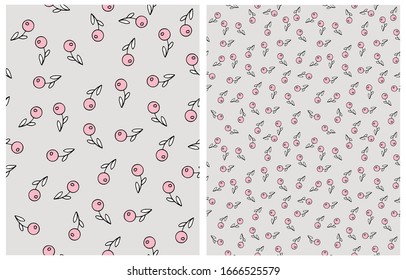 Cute Hand Drawn Floral Vector Pattern. Pink Tiny Berries Isolated on a Light Warm Gray Background. Simple Infantile Style Floral Vector Print.