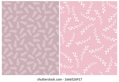 Cute Hand Drawn Floral Vector Pattern. White Sketched Twigs Isolated on a Light Pink Background. Simple Infantile Style Floral Vector Print.