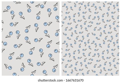 Cute Hand Drawn Floral Vector Pattern. Tiny Blue Berries Isolated on a Light Warm Gray Background. Simple Infantile Style Floral Vector Print.