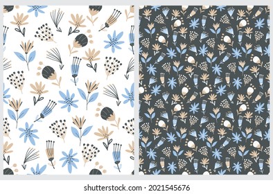Patrones de vectores florales dibujados a mano con raras pelucas abstractas, hojas y flores. Bonito jardín de estilo infantil con floreros de forma irregular aislados en un fondo blanco y azul oscuro.