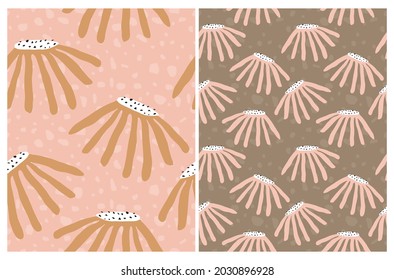 Cute Hand Drawn Floral Vector Patterns with Funny Abstract Flowers and Spots. Lovely Childish Style Garden Print with Flowers of Irregular Shape Isolated on a Pastel Pink and Brown Background.