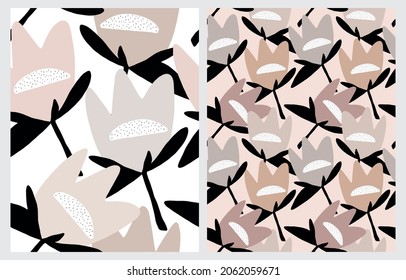 Cute Hand Drawn Floral Vector Patterns. Beige and Pink Flowers Isolated on a White and Light Pink Background. Infantile Style Garden Repeatable Print with Abstract Tulips ideal for Fabric, Textile.