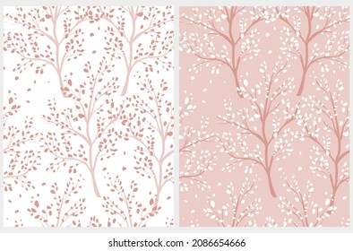 Cute Hand Drawn Floral Vector Patterns. Abstract Trees and Leaves Isolated on a Light Pink and White Background. Infantile Style Abstract Forest Repeatable Print ideal for Fabric.