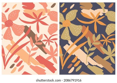 Cute Hand Drawn Floral Vector Patterns. Flowers and Scribbles Isolated on a Dark Pale Brown and Light Pink Background. Infantile Style Abstract Garden Repeatable Print ideal for Fabric, Textile.