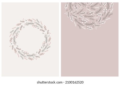 Cute Hand Drawn Floral Vector Illustrations. Pink and Light Brown Flowers, Leaves and Twigs Isolated on a Dusty Pink and Off-White Background. Infantile Style Round Shape Floral Wreaths. No Text.