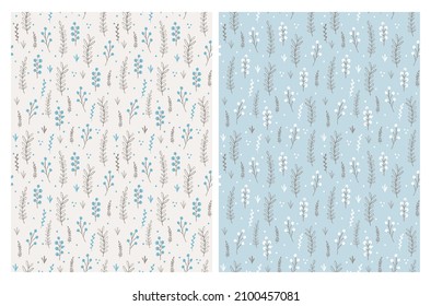 Cute Hand Drawn Floral Vector Patterns. Light Blue and Light Brown Flowers, Leaves and Twigs Isolated on a Pastel Blue and Off-White Background. Infantile Style Floral Garden Print ideal for Fabric.