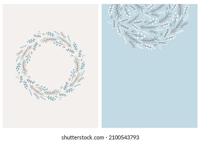 Ilustraciones de vectores florales dibujadas a mano. Flores, hojas y toallitas de color azul y marrón claro aisladas en un fondo azul pastel y blanco roto. Estilo Infantil Forma redonda Hironías Florales. Sin texto.