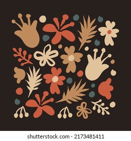 Ilustración de vector floral dibujada a mano en estilo escandinavo moderno. Hermosa composición de herbario floral. Modernos elementos de la naturaleza elegante y colorido estilo de la silueta de la camiseta, tarjeta de saludo