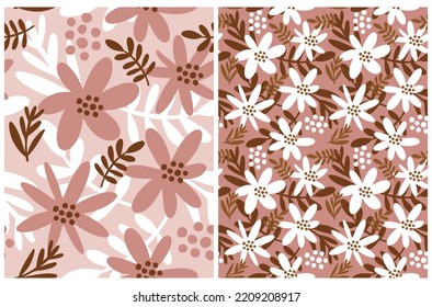 Cute Hand Drawn Floral Vector Patterns. Pink, Brown and White Flowers, Leaves and Twigs Isolated on a Pastel Pink and Terracotta Background. Infantile Style Floral Design.Simple Abstract Garden Print.