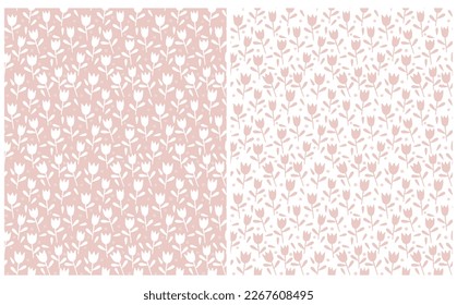 Patrones de vectores florales dibujados a mano. Tulipanes simples aislados en fondo blanco y rosa claro. Impresión floral de estilo infantil ideal para envolver papel, tela. Hermosa Impresión De Jardín Resumen.