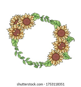 Cute hand drawn floral wreath with sunflowers and plants isolated on white background. Vector round frame, template for your design, greeting card, advertising, sticker, poster, season invitations.