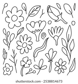 Bonito mão desenhada flor doodle, várias flores e folhas com estilo lineart adequado para qualquer design gráfico necessidades