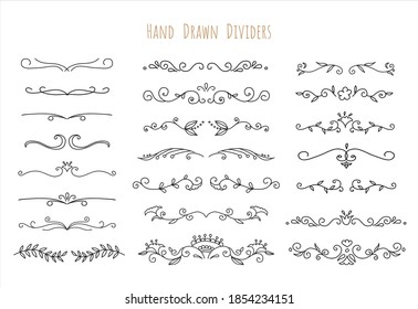 cute Hand drawn flower ornament text dividers, Swirls, Scrolls and laurel design elements set