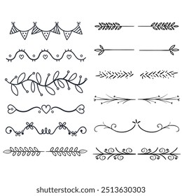Cute Hand drawn flower ornament text dividers, arrows and laurel design elements.