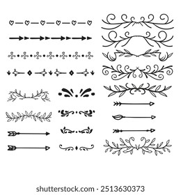 Cute Hand drawn flower ornament text dividers, arrows and laurel design elements.