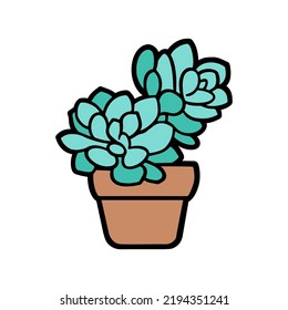 Cuta maceta de flores dibujada a mano. Imagen en color de la planta maceta en diseño plano. Insignia de la planta pudrida. Ilustración vectorial.