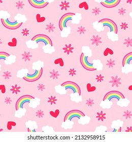 Cute hand drawn flower, rainbow and heart seamless pattern on pink background.