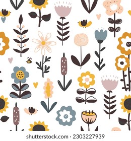 Cute hand drawn flowers, hearts, and birds seamless pattern. Nursery or rustic background in Scandinavian style, pastel palette.