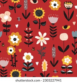 Cute hand drawn flowers, hearts, and birds on red background. Vector seamless pattern. Nursery or rustic Scandinavian style.
