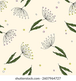 Cute hand drawn flowers ith black contour on ivory background vector seamless pattern