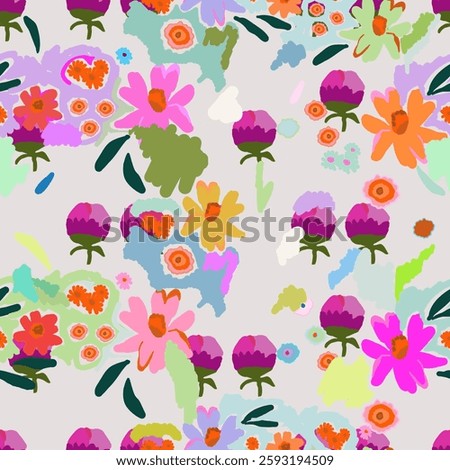 Cute hand drawn flowers pattern. Dynamic botanical print. Unique fashionable template for design. 
