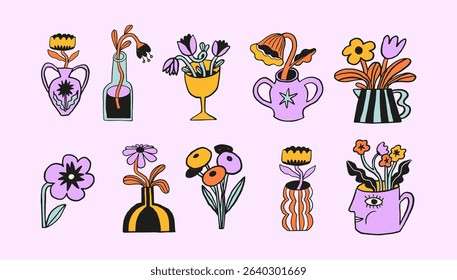 Cute hand drawn flowers, plant pots, houseplants and vases colorful doodles set. Bold modern vector illustrations for t-shirts, stickers and home decor.