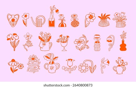 Cute hand drawn flowers, plant pots, houseplants and vases linear doodles set. Bold modern vector illustrations for t-shirts, stickers and home decor.