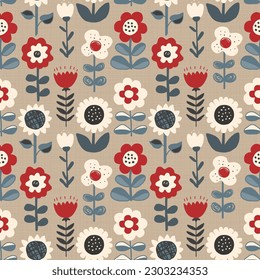 Cute hand drawn flowers seamless pattern. Nursery or rustic background in Scandinavian style. Design for textile, greetings, wallpapers, wrapping paper, card, banner. Vector illustration