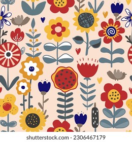 Cute hand drawn flowers seamless pattern. Meadow rustic background in Scandinavian style. Design for textile, greetings, wallpapers, wrapping paper, cards. Vector illustration