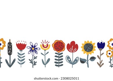 Cute hand drawn flowers seamless pattern. Beautiful flowerbed border in Scandinavian or Ukrainian style. Design for textile, greetings, wallpapers tiles, cards. Vector illustration.