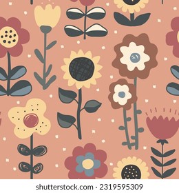 Cute hand drawn flowers seamless pattern. Nursery or rustic background in Scandinavian style. Design for textile, greetings, wallpapers, wrapping paper, card, banner. Vector illustration