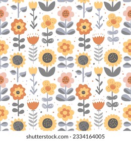 Cute hand drawn flowers seamless pattern. Nursery or rustic background in Scandinavian style. Design for textile, wallpapers, wrapping paper, cards. Vector illustration