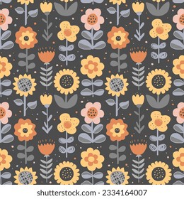 Cute hand drawn flowers seamless pattern. Nursery or rustic background in Scandinavian style. Design for textile, wallpapers, wrapping paper, cards. Vector illustration