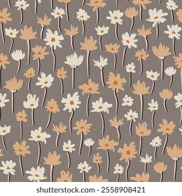 Cute, hand drawn flowers seamless repeat pattern. Vector, botany aop all over surface print on brown background.