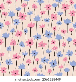 Cute, hand drawn flowers seamless repeat pattern. Vector, botany aop all over surface print on beige background.