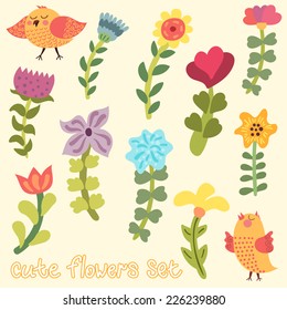 Cute hand drawn flowers set, bonus funny birds for greeting card, vector illustration
