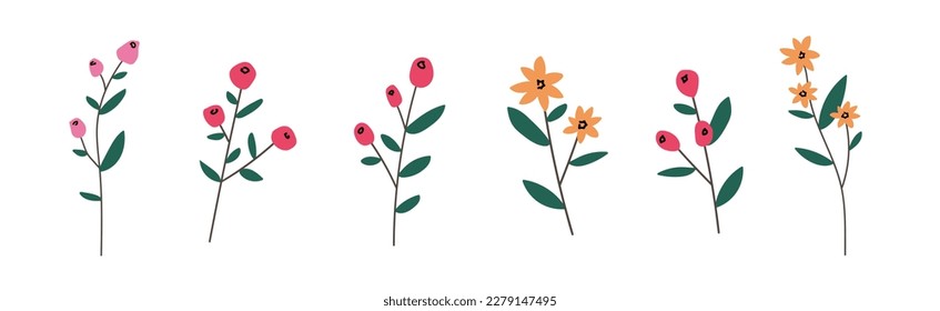 Cute hand drawn flowers set isolated on white. Doodle style botany branches wild flowers floral decor elements. Natural decoration for wedding invitations, greeting cards design templates.