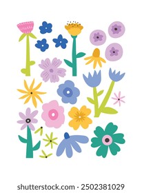 Cute hand drawn flowers set, cartoon flat vector illustration isolated on white background. Colorful spring and summer plants. Botanical design elements.