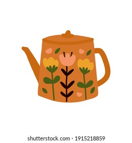 Cute Hand drawn flowers in teapot. Spring bouquet in flat style. Floral card design.