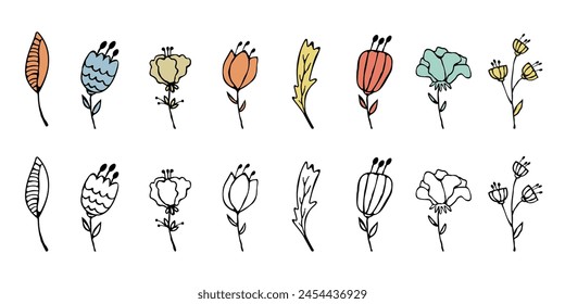 Lindas flores dibujadas a mano, conjunto de Vector. Elementos decorativos naturales de follaje artístico en estilo de línea