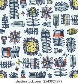 Cute hand drawn flowers in vintage retro style. Seamless vector pattern in blue, yellow, orange colors. Sunflowers, daisies and tulips drawn in bold lines.