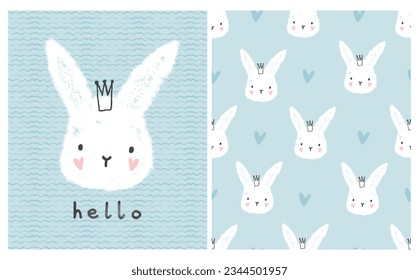 Cute hand drawn fluffy bunny on a pastel blue background with waves texture, kawaii hare with crown and hearts. Kids card and seamless pattern set for decor.