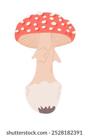 Cute hand drawn fly agaric fungus in flat style. Spooky design for Halloween isolated on white background. Vector poisonous mushroom. Good for decoration, stickers, logo