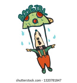 A cute hand drawn flying girl with a green turle parachute