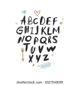 Cute hand drawn font. Decor elements for postcards, cards, posters, souvenirs and more. Nursery signs for baby room. Vector, clip art and jpg. Isolated.