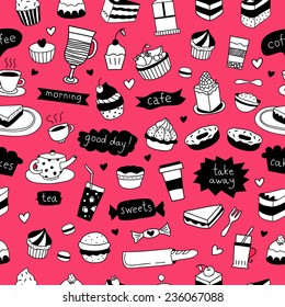 Cute hand drawn food and cafe seamless pattern 